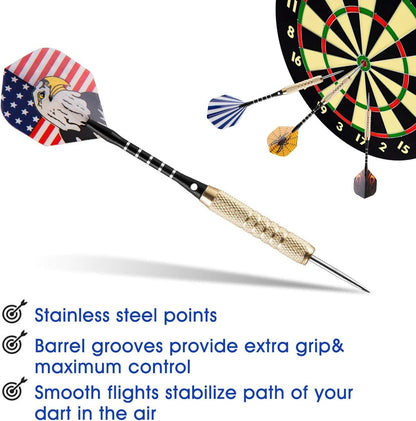 15 Packs Steel Tip Darts 18 Grams with Dart Sharpener and 3 Extra Flights, Aluminum Shafts & Brass Barrels, Levels in Every Rec Room, Man Cave, Bar and Game Room