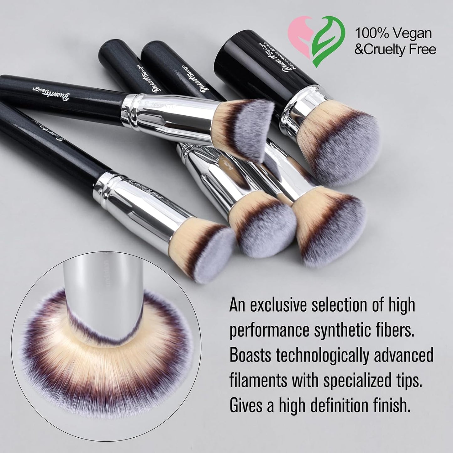 Essential Makeup Brushes Set with Travel Retractable Powder Brush Vegan Hair for Foundation Concealer Eyeshadow Face Contour Brush (10Pcs Pearl Black)