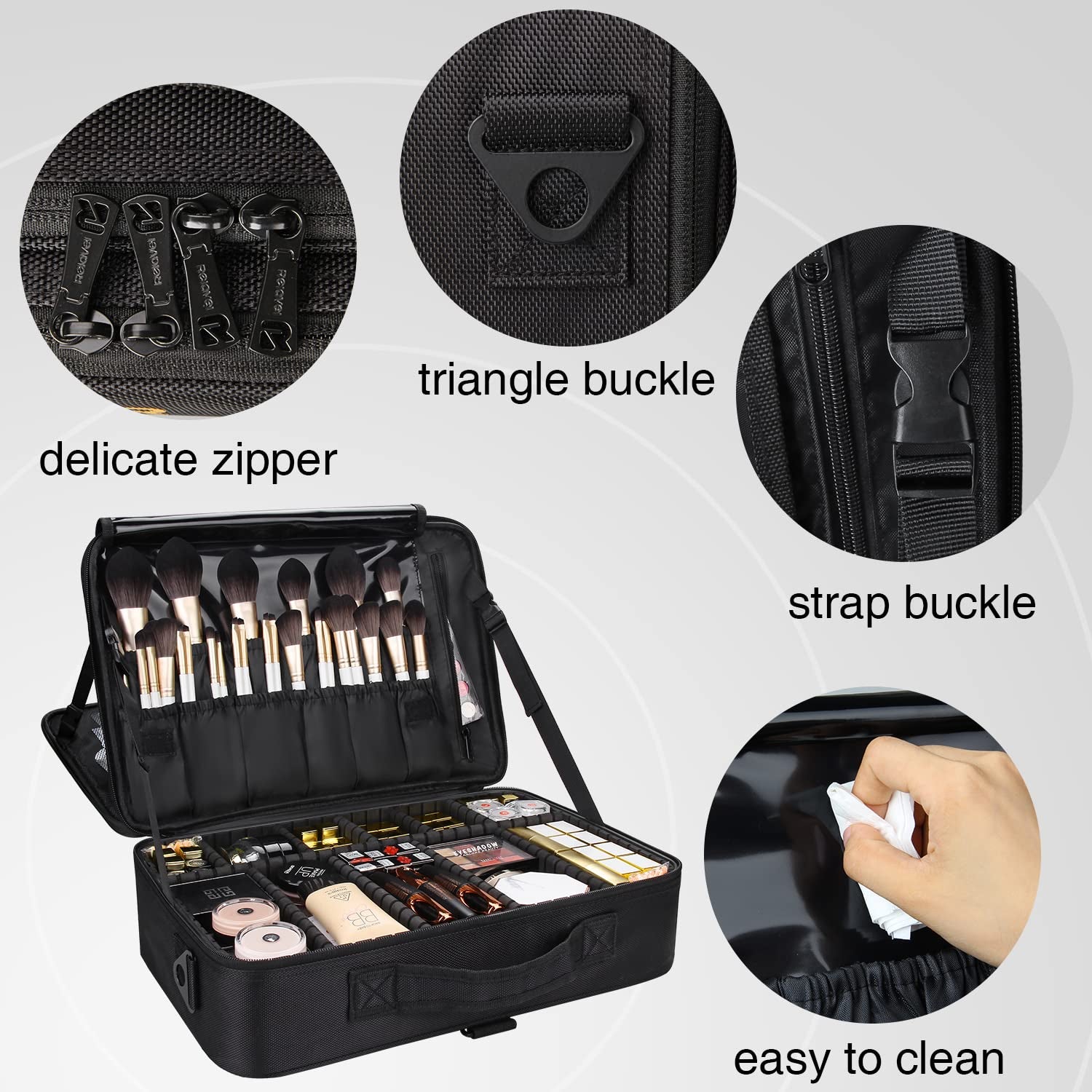 Large Capacity Makeup Case 3 Layers Cosmetic Organizer Brush Bag Barber Train Case Makeup Artist Box for Hair Curler Hair Straightener Brush Set and Cosmetics