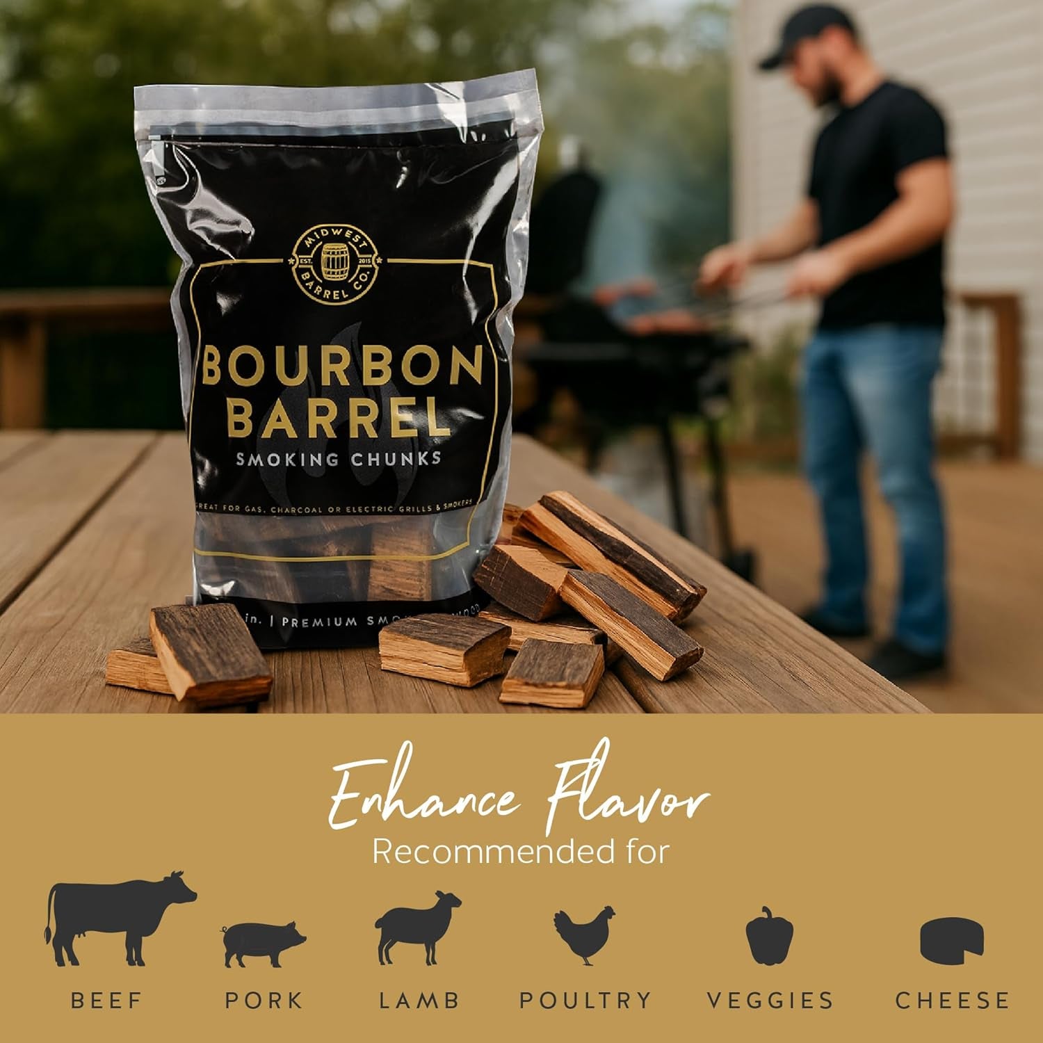 Midwest Barrel Co. Bag of Bourbon Barrel BBQ Smoking Wood Chunks - Authentic American White Oak Wood Chunks from Bourbon Barrels, Slow Burning, 1-4”, for BBQ, Lamb, Pork, Poultry, Veggies, Cheese