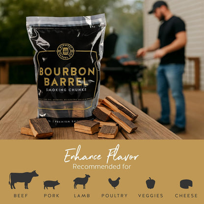 Midwest Barrel Co. Bag of Bourbon Barrel BBQ Smoking Wood Chunks - Authentic American White Oak Wood Chunks from Bourbon Barrels, Slow Burning, 1-4”, for BBQ, Lamb, Pork, Poultry, Veggies, Cheese