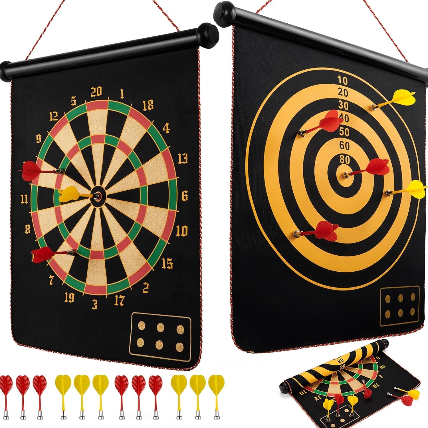 Magnetic Dart Board for Kids, Teens, and Adults — Double-Sided Dart Board Game with Strong Magnetic Darts, Roll-Up Portable Design, Gifts for Teen Boys, Family Parties, Camping, and Birthdays