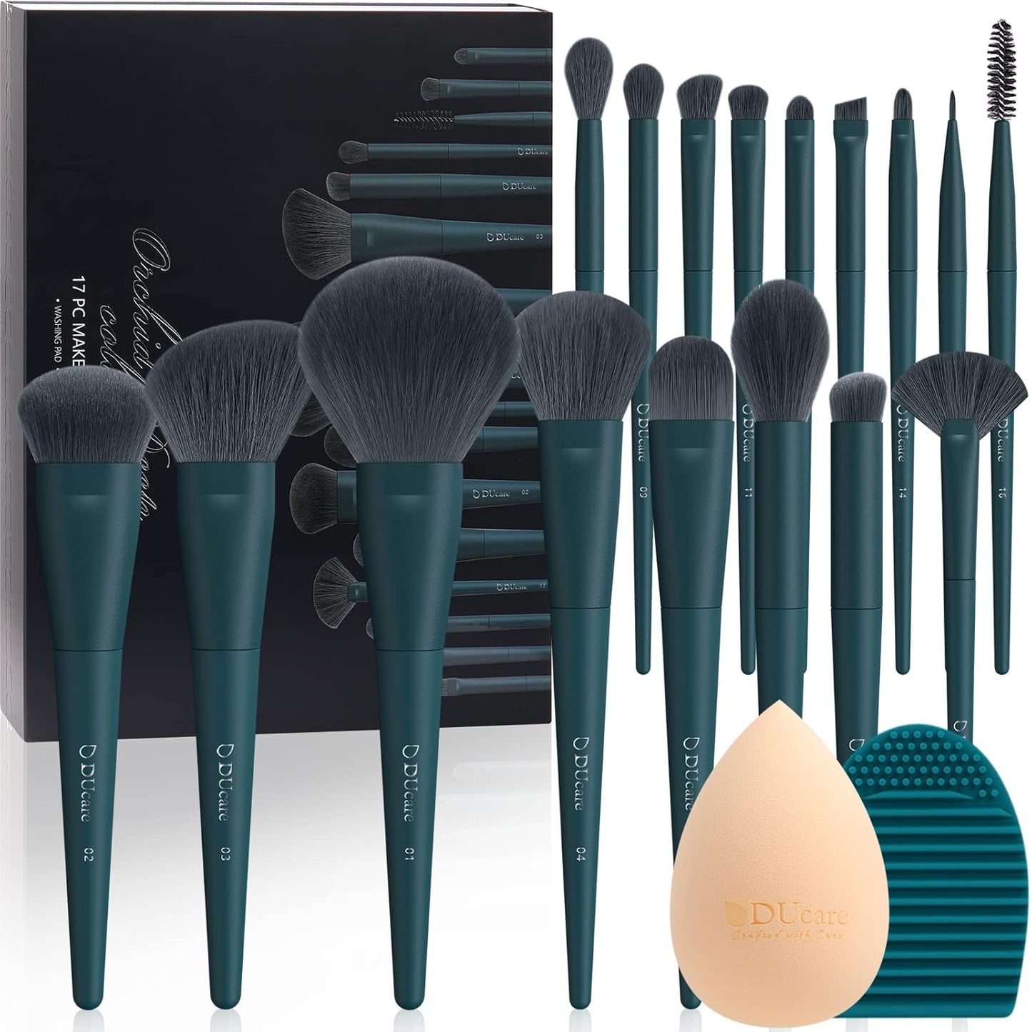 Christmas Makeup Brushes Set 17 Pcs with Brush Cleaning Mat and Makeup Sponge Professional Face Powder Eye Shadow Powder Liquid Cream