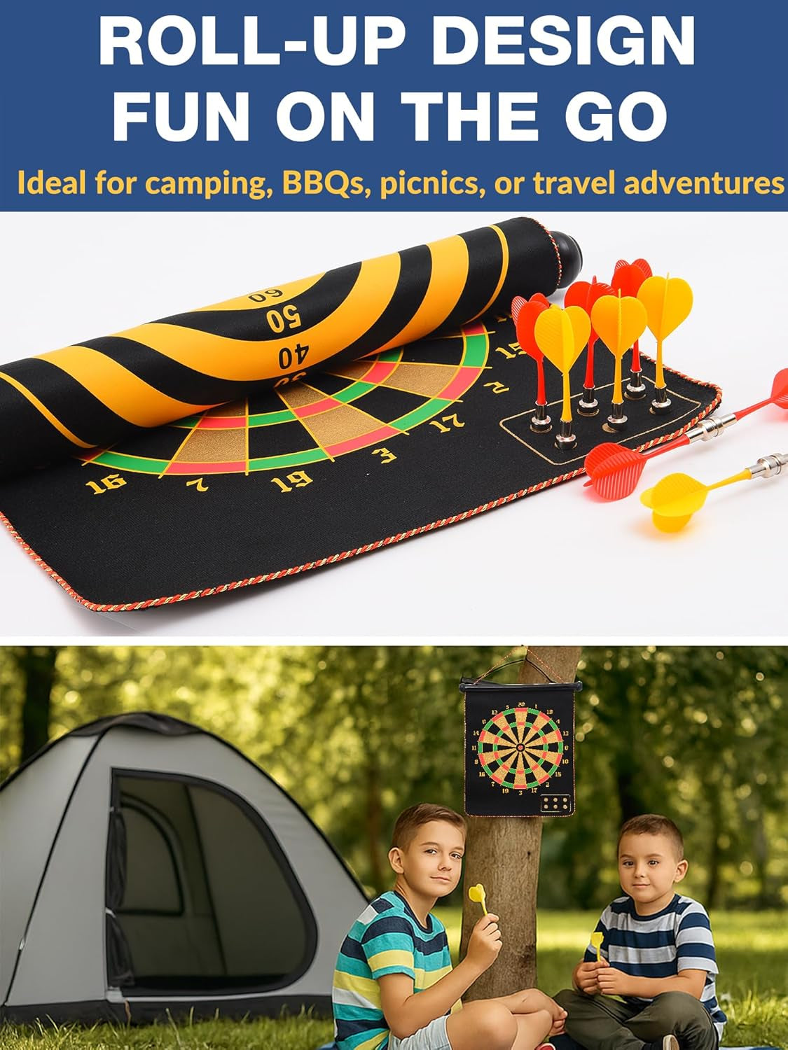 Magnetic Dart Board for Kids, Teens, and Adults — Double-Sided Dart Board Game with Strong Magnetic Darts, Roll-Up Portable Design, Gifts for Teen Boys, Family Parties, Camping, and Birthdays