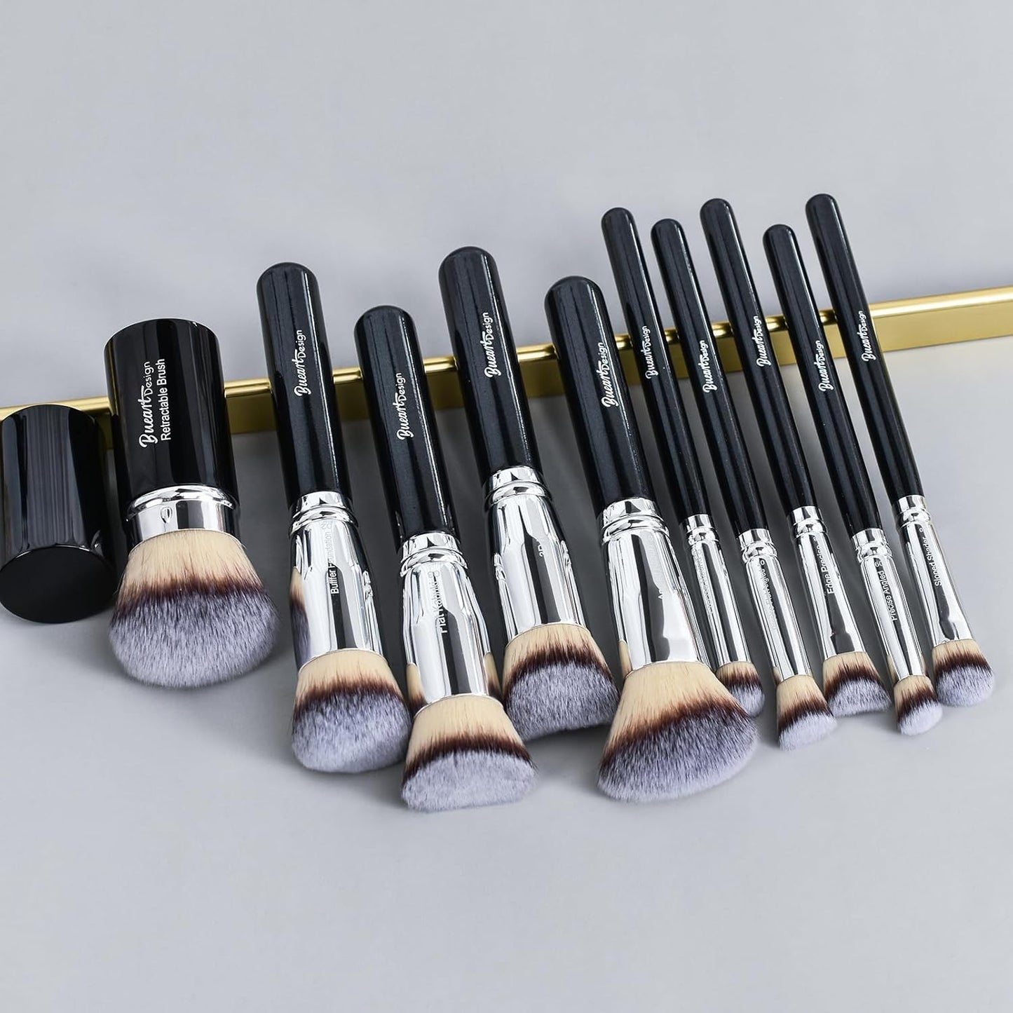 Essential Makeup Brushes Set with Travel Retractable Powder Brush Vegan Hair for Foundation Concealer Eyeshadow Face Contour Brush (10Pcs Pearl Black)