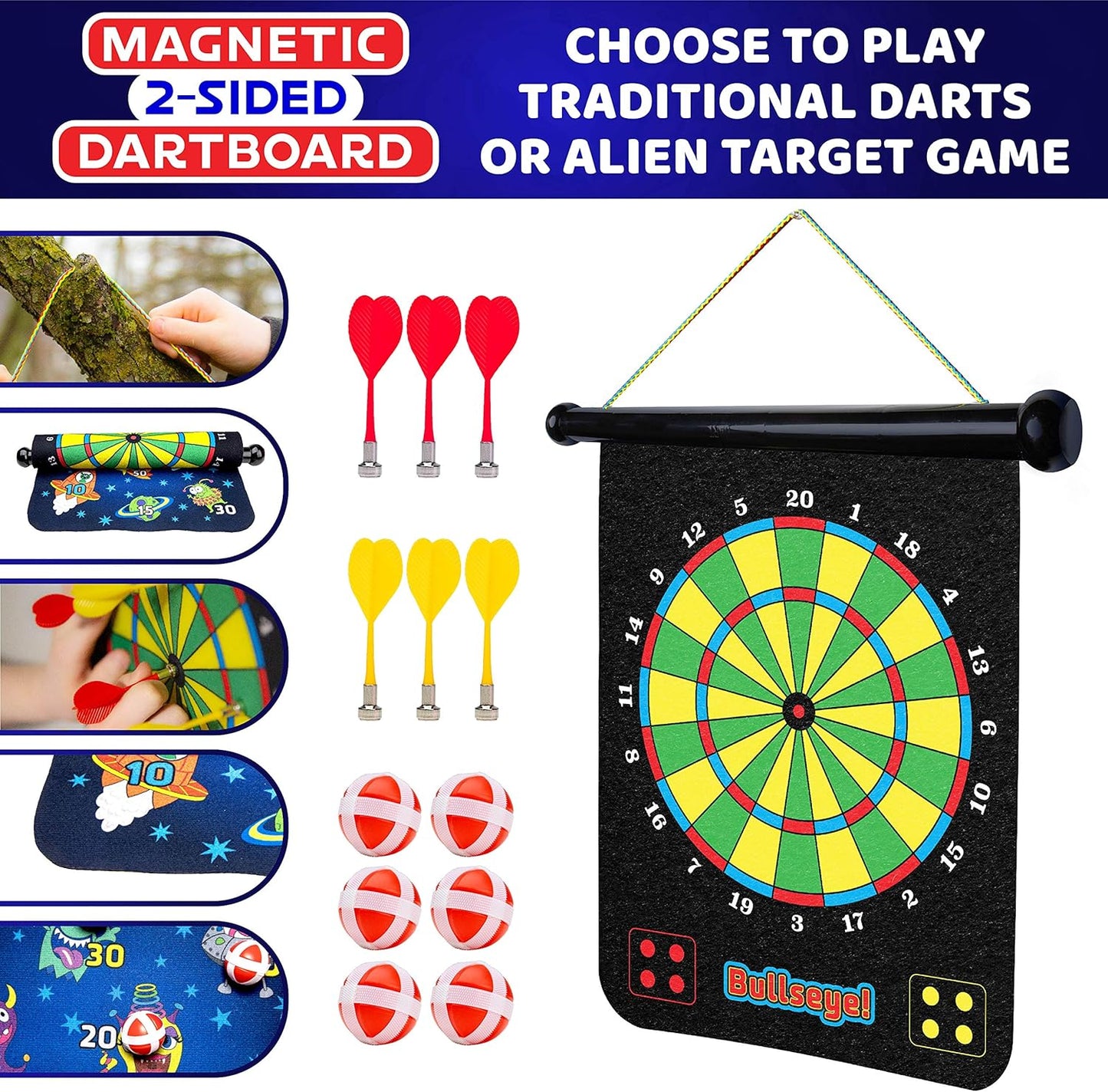 Magnetic Dart Board for Kids - Roll up Double Sided Toy Indoor Outdoor Dart Board Set with 6 Magnetic Throwing Darts and 6 Dart Balls
