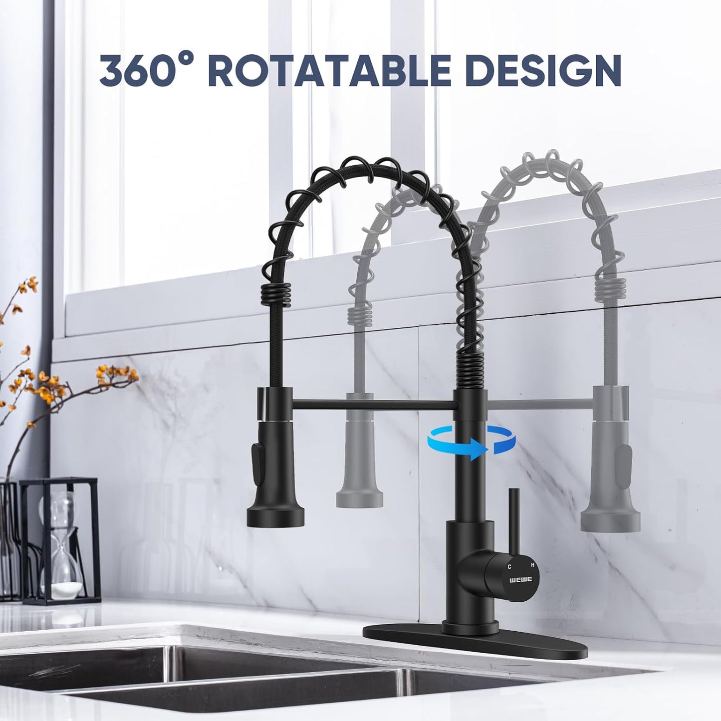 Kitchen Faucets with Pull down Sprayer Commercial Industrial Stainless Steel Single Handle Single Hole Spring Farmhouse RV Sink Faucet, Matte Black Kitchen Faucet for Laundry Utility Room Sink