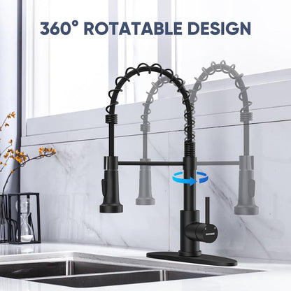 Kitchen Faucets with Pull down Sprayer Commercial Industrial Stainless Steel Single Handle Single Hole Spring Farmhouse RV Sink Faucet, Matte Black Kitchen Faucet for Laundry Utility Room Sink