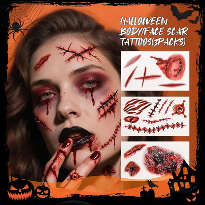 Makeup Brush Set,5Pcs Halloween Goth Makeup Brushes Powder Contour Eyeliner Brow Eyeshadow Brush Set with 9 Colors Halloween Eyeshadow Palette,1Pc Makeup Sponge Puff&3Pcs Halloween Scar Tattoo