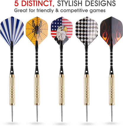 15 Packs Steel Tip Darts 18 Grams with Dart Sharpener and 3 Extra Flights, Aluminum Shafts & Brass Barrels, Levels in Every Rec Room, Man Cave, Bar and Game Room