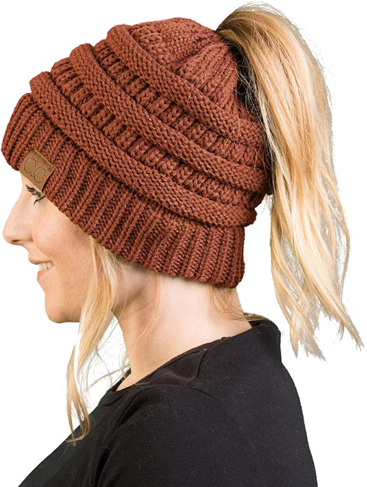 Ponytail Beanie for Women - Winter Ponyback Hat Soft Stretch Cable Knit High Pony Tail Womens Running Hats