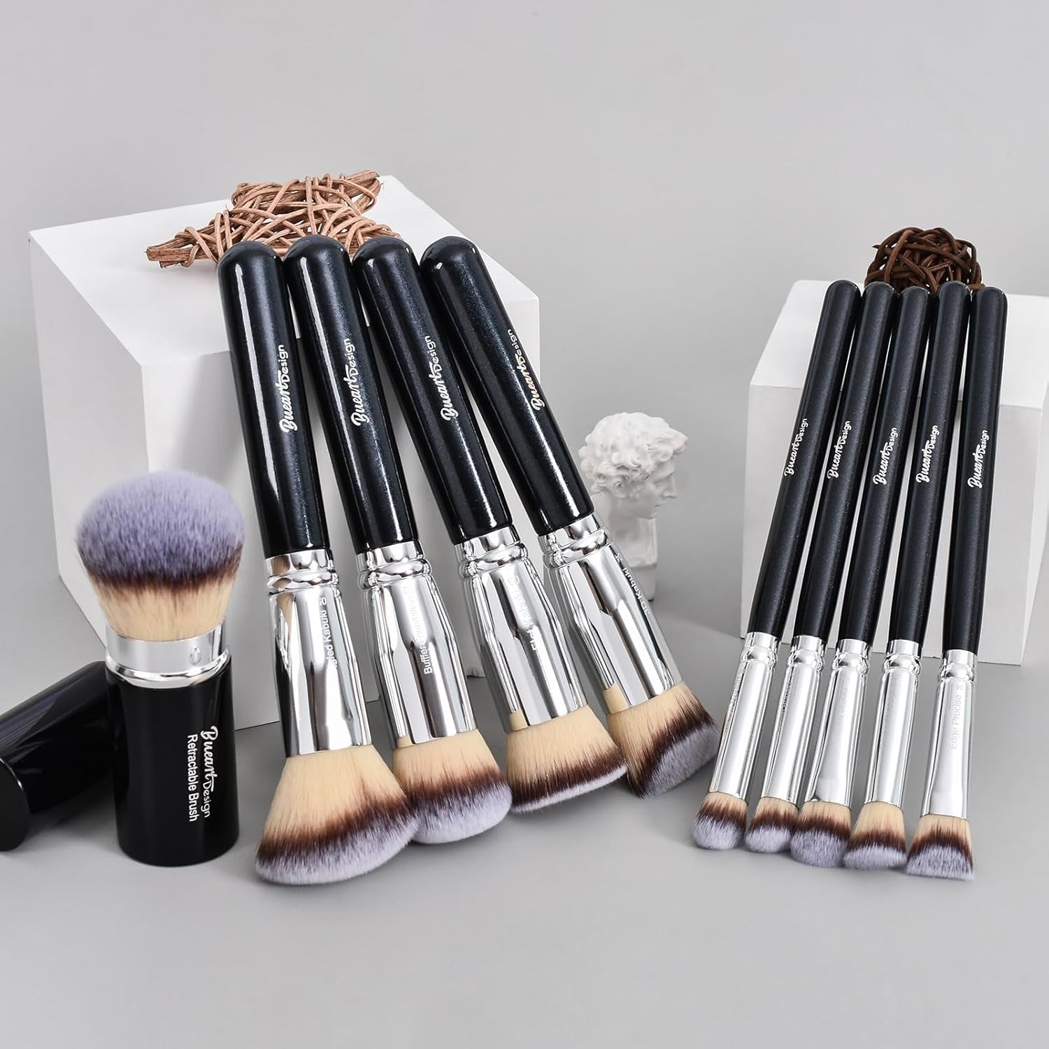Essential Makeup Brushes Set with Travel Retractable Powder Brush Vegan Hair for Foundation Concealer Eyeshadow Face Contour Brush (10Pcs Pearl Black)