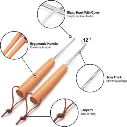 2 Pack Pigtail Food Flipper, 12 Inch Meat Hook Flippers Turners with Stainless Steel Shafts, Substitutes of Grill Tongs, Spatulas, Forks for Kitchen Cooking BBQ, Wooden Handles