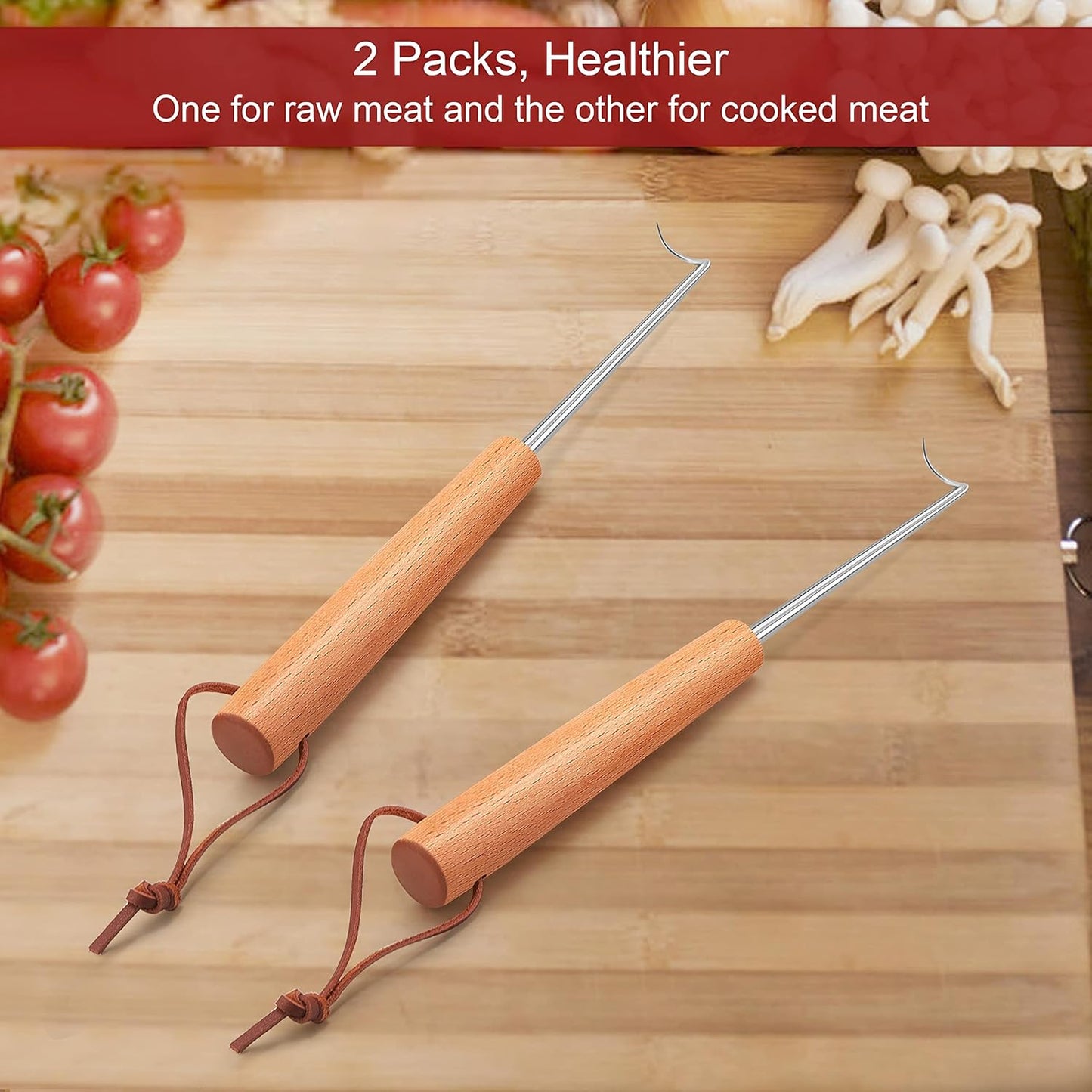 2 Pack Pigtail Food Flipper, 12 Inch Meat Hook Flippers Turners with Stainless Steel Shafts, Substitutes of Grill Tongs, Spatulas, Forks for Kitchen Cooking BBQ, Wooden Handles