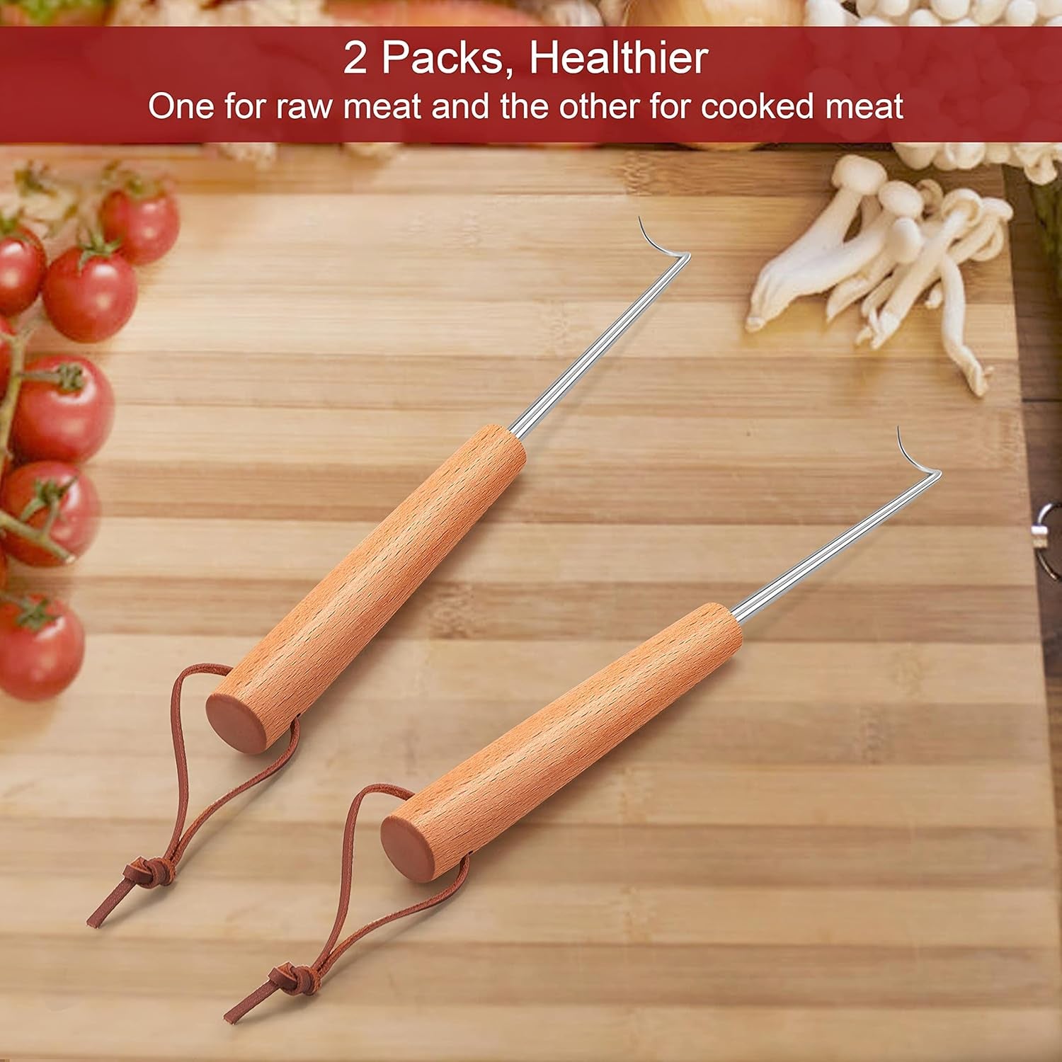2 Pack Pigtail Food Flipper, 12 Inch Meat Hook Flippers Turners with Stainless Steel Shafts, Substitutes of Grill Tongs, Spatulas, Forks for Kitchen Cooking BBQ, Wooden Handles