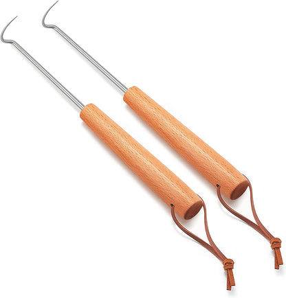 2 Pack Pigtail Food Flipper, 12 Inch Meat Hook Flippers Turners with Stainless Steel Shafts, Substitutes of Grill Tongs, Spatulas, Forks for Kitchen Cooking BBQ, Wooden Handles