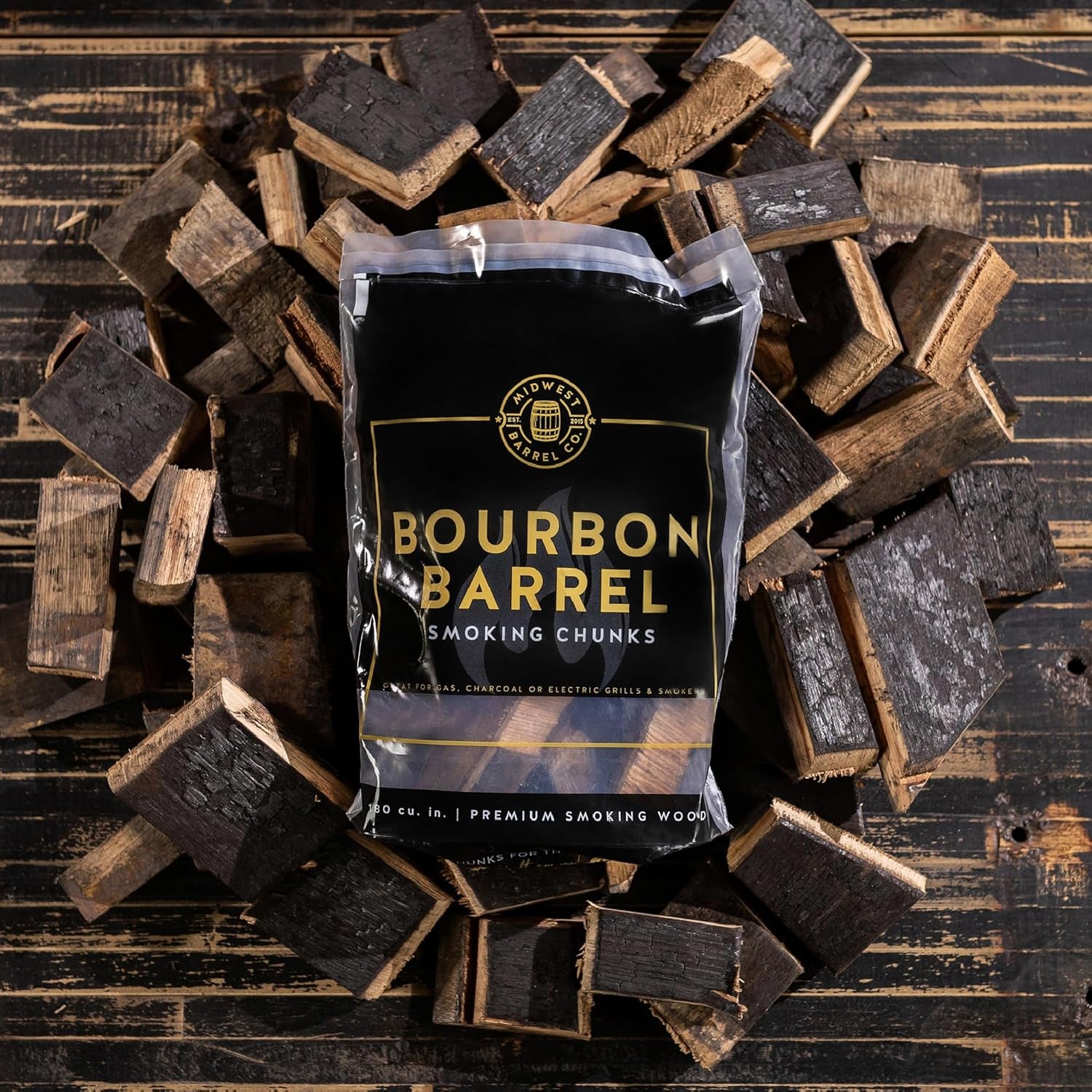 Midwest Barrel Co. Bag of Bourbon Barrel BBQ Smoking Wood Chunks - Authentic American White Oak Wood Chunks from Bourbon Barrels, Slow Burning, 1-4”, for BBQ, Lamb, Pork, Poultry, Veggies, Cheese