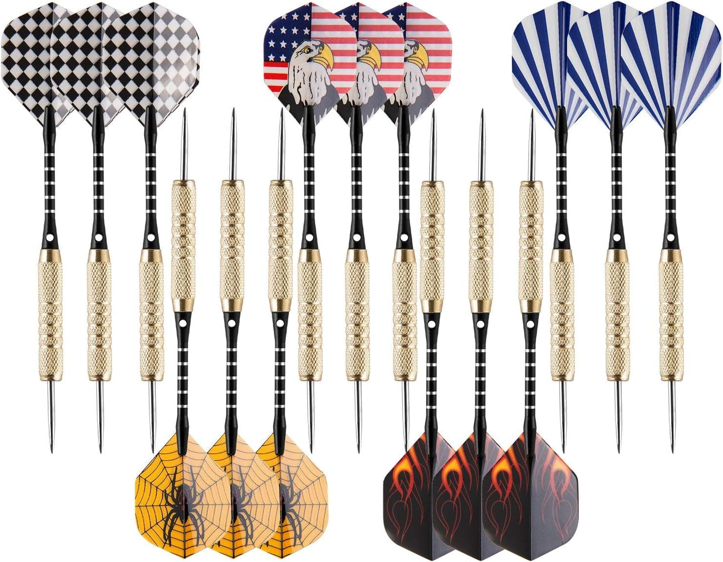15 Packs Steel Tip Darts 18 Grams with Dart Sharpener and 3 Extra Flights, Aluminum Shafts & Brass Barrels, Levels in Every Rec Room, Man Cave, Bar and Game Room