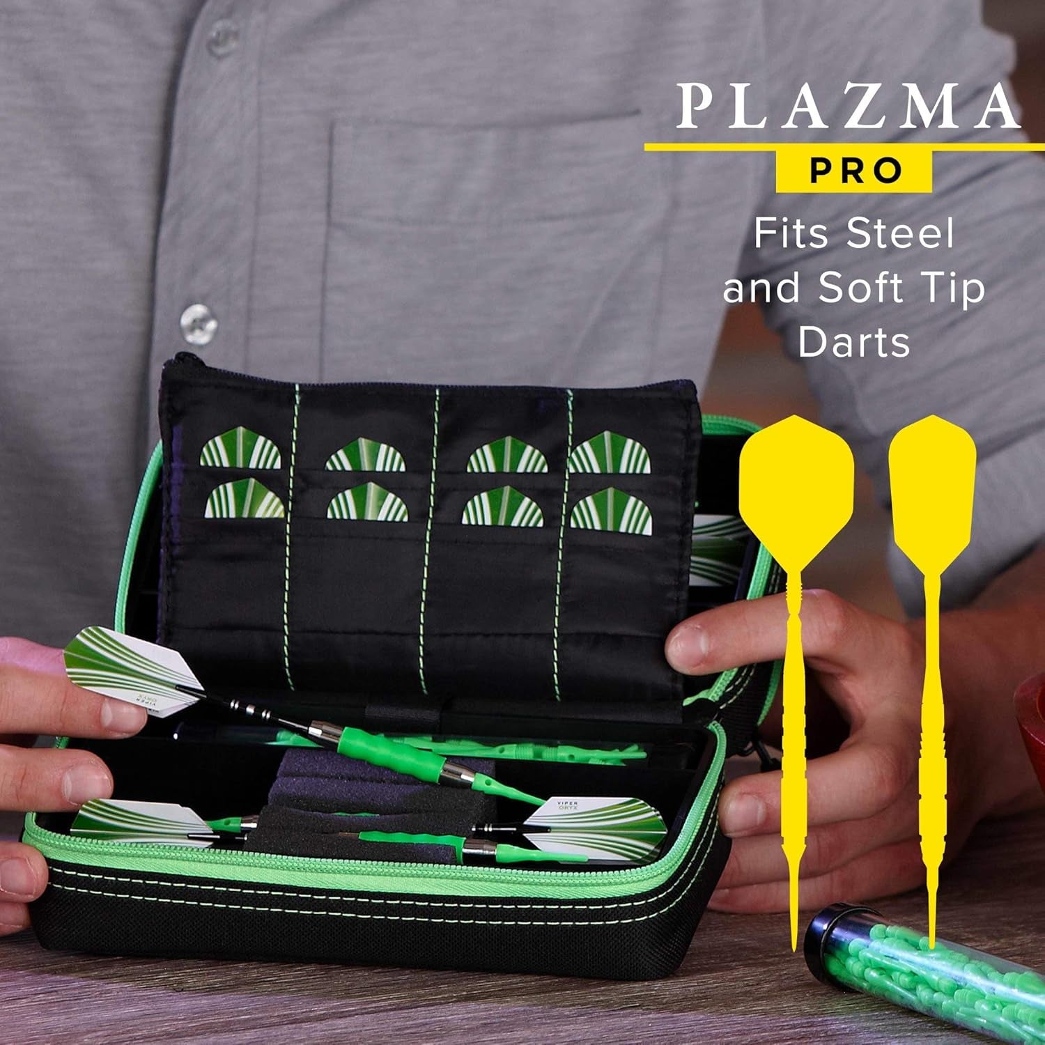 Plazma Pro, 6 Dart Case for Soft and Steel Tip Darts, Features Large Front Mobile Device Pocket, Built-In Storage Tubes and Pockets for Flights, Tips, Shafts, and Personal Items