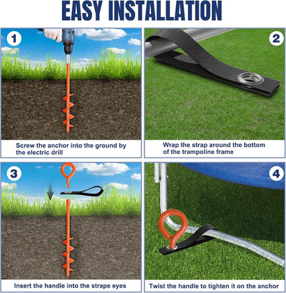 USA Trampoline Stakes Screw in Tent Stakes Parts Heavy Duty for Canopies,4-Pack Outdoor Anchor Kit with Straps(Orange)
