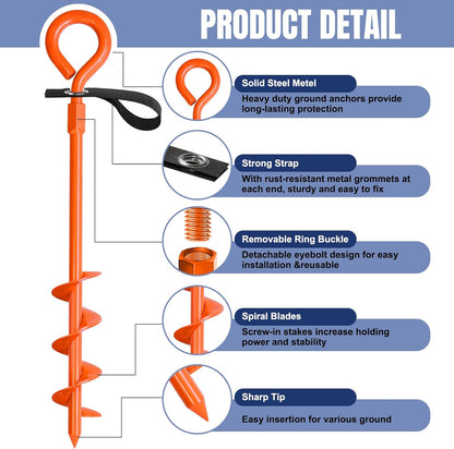 USA Trampoline Stakes Screw in Tent Stakes Parts Heavy Duty for Canopies,4-Pack Outdoor Anchor Kit with Straps(Orange)