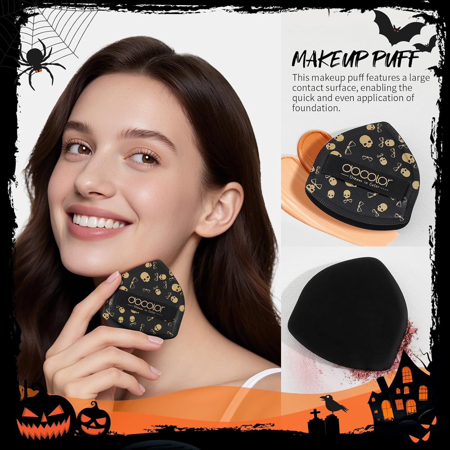 Makeup Brush Set,5Pcs Halloween Goth Makeup Brushes Powder Contour Eyeliner Brow Eyeshadow Brush Set with 9 Colors Halloween Eyeshadow Palette,1Pc Makeup Sponge Puff&3Pcs Halloween Scar Tattoo
