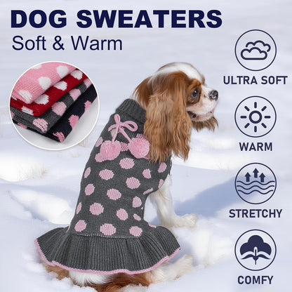 Dog Sweaters with Leash Hole for Small Dogs Turtleneck Dog Sweater Dress for Girl Polka Dot Knit Pullover Doggie Sweater Warm Pet Sweater