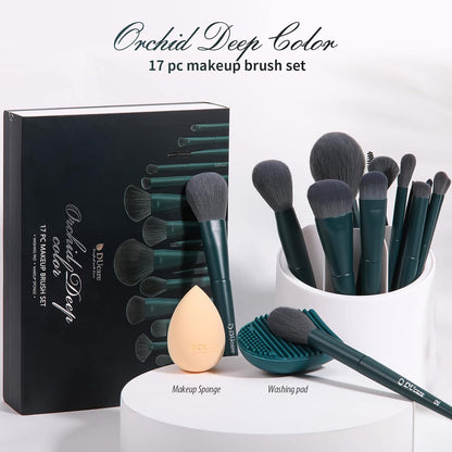 Christmas Makeup Brushes Set 17 Pcs with Brush Cleaning Mat and Makeup Sponge Professional Face Powder Eye Shadow Powder Liquid Cream