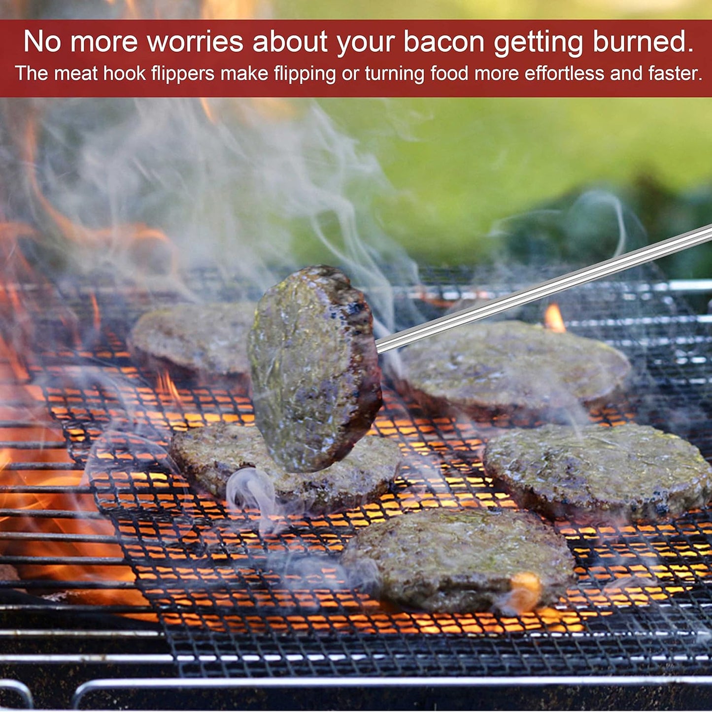 2 Pack Pigtail Food Flipper, 12 Inch Meat Hook Flippers Turners with Stainless Steel Shafts, Substitutes of Grill Tongs, Spatulas, Forks for Kitchen Cooking BBQ, Wooden Handles