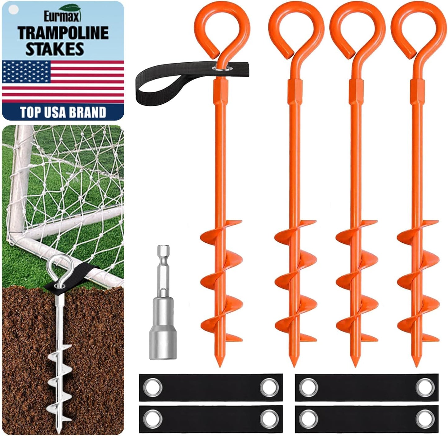USA Trampoline Stakes Screw in Tent Stakes Parts Heavy Duty for Canopies,4-Pack Outdoor Anchor Kit with Straps(Orange)