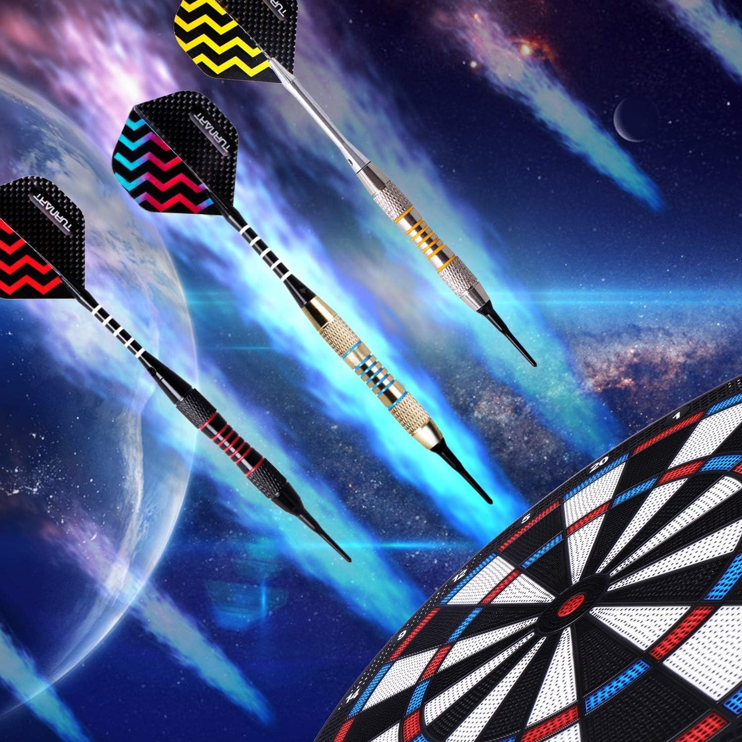 Darts Plastic Tip - Professional Soft Tip Darts Set for Electronic Dartboard 9 Pcs 18 Grams with 50 Extra Tips 9 Shafts 27 Flights Tool Kit Flight Protectors and Gift Darts Case