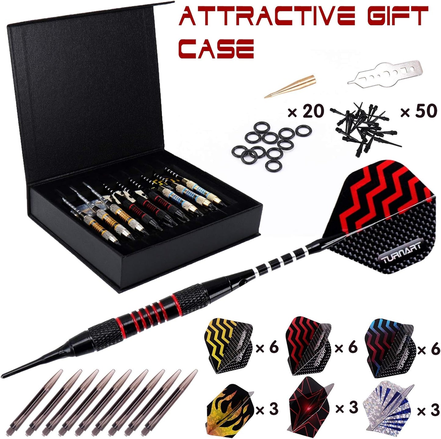Darts Plastic Tip - Professional Soft Tip Darts Set for Electronic Dartboard 9 Pcs 18 Grams with 50 Extra Tips 9 Shafts 27 Flights Tool Kit Flight Protectors and Gift Darts Case