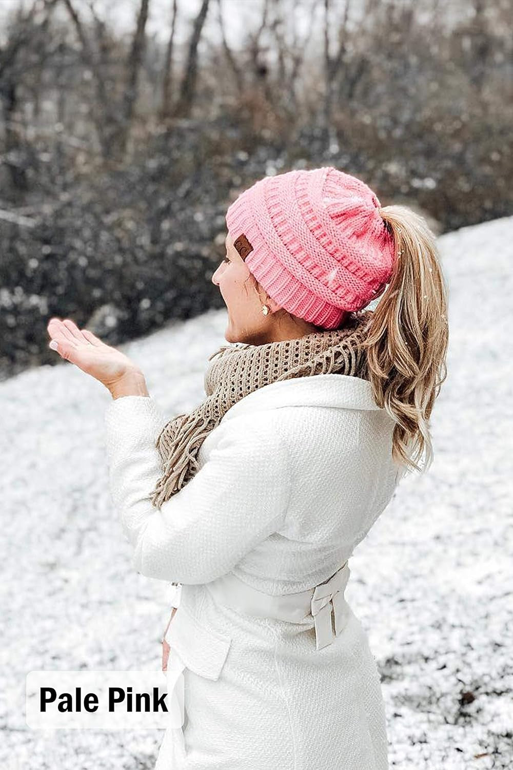 Ponytail Beanie for Women - Winter Ponyback Hat Soft Stretch Cable Knit High Pony Tail Womens Running Hats