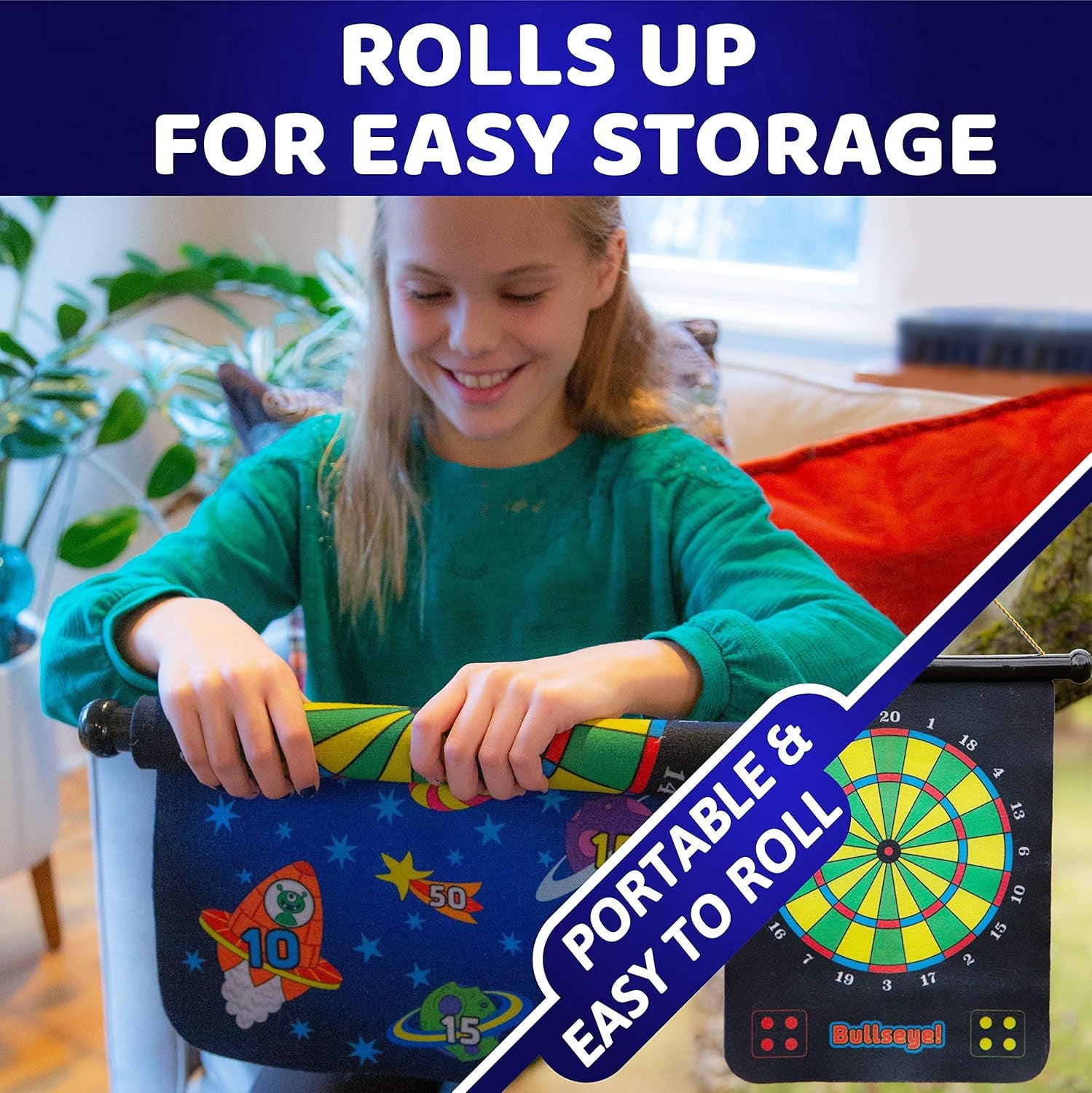 Magnetic Dart Board for Kids - Roll up Double Sided Toy Indoor Outdoor Dart Board Set with 6 Magnetic Throwing Darts and 6 Dart Balls